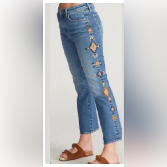 Meg Light Blue Cherokee Embroidered Side Cropped Jeans, Size 27 - Picture 2 of 10